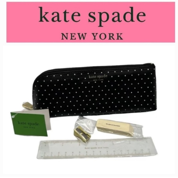 Kate Spade Black w/ Cream Dots Pencil Case Pouch School College Office Gift NWT - Picture 1 of 2